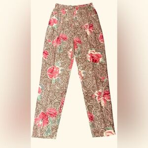 Point Of View Collection Brown and Pink Floral Silk Women’s Pants, Small. NWOT